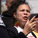 Melina Abdullah, of Black Lives Matter Los Angeles, talks about having a gun pointed at her by Los Angeles District Attorney Jackie Laceys’ husband while BLM was staging a protest Laceys’ home early Monday morning March 2, 2020.